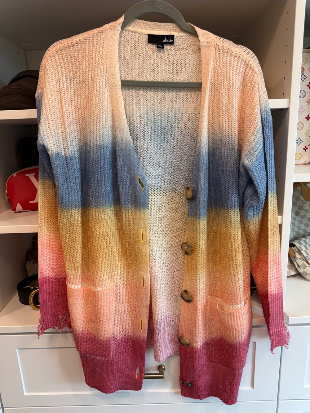 akaiv Gradient Open-Front Long Cardigan - Pink, Blue & Gold Tones Distressed